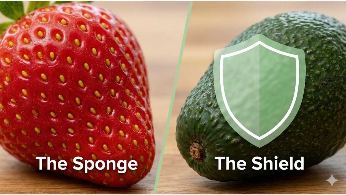 Comparison of thin-skinned strawberries absorbing pesticides versus thick-skinned avocados acting as a shield
