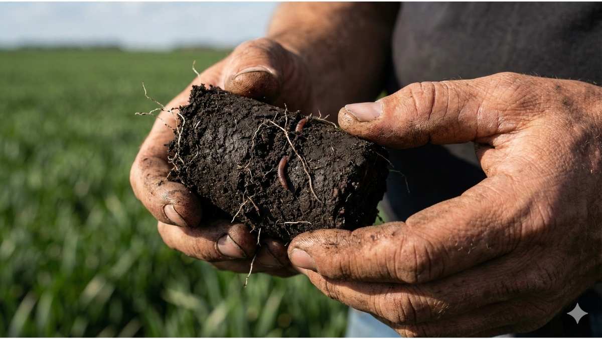 Farmer holding a soil core sample showing dark organic matter