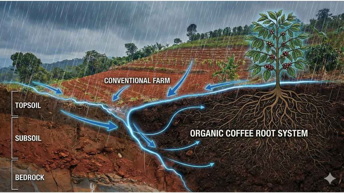 Lush green organic coffee farm vs. mass spectrometer graph line showing AMPA spike.
