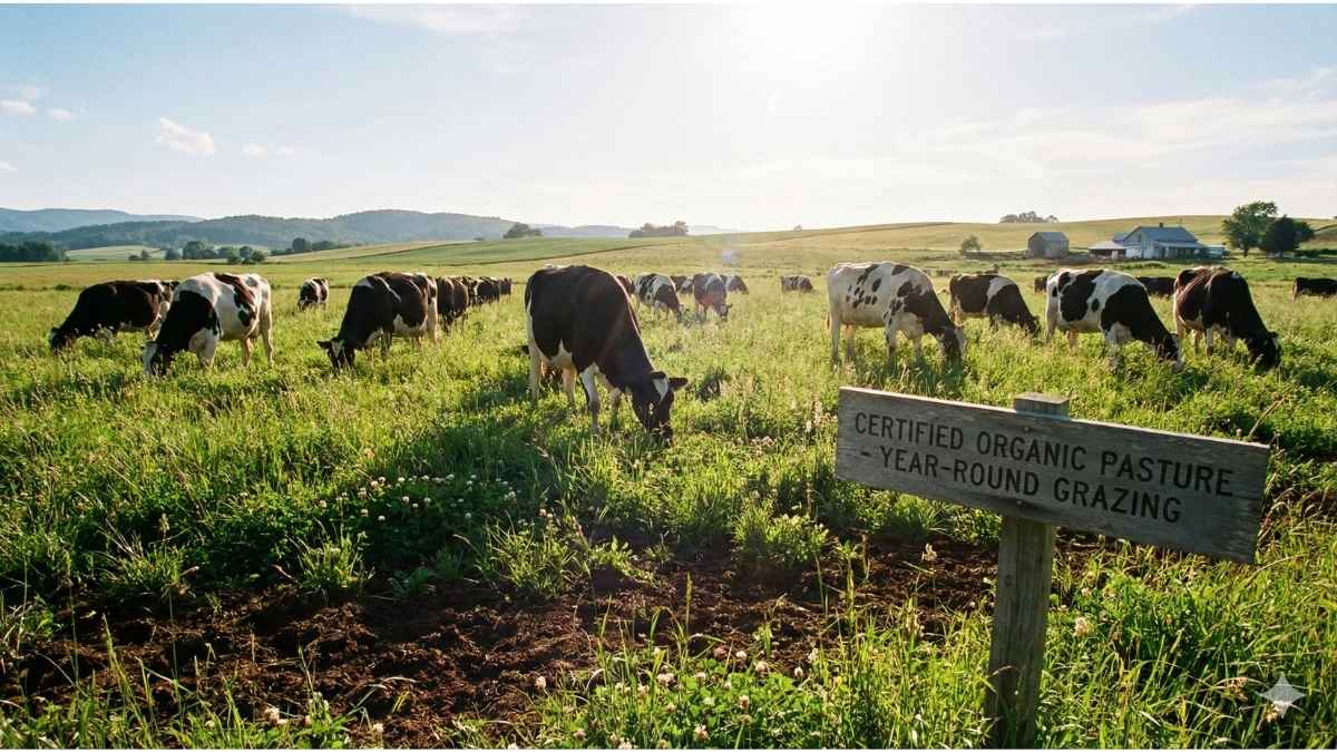 Grass-fed cows grazing on certified organic pasture, meeting the strict USDA organic standards for livestock welfare and the 30% DMI requirement.