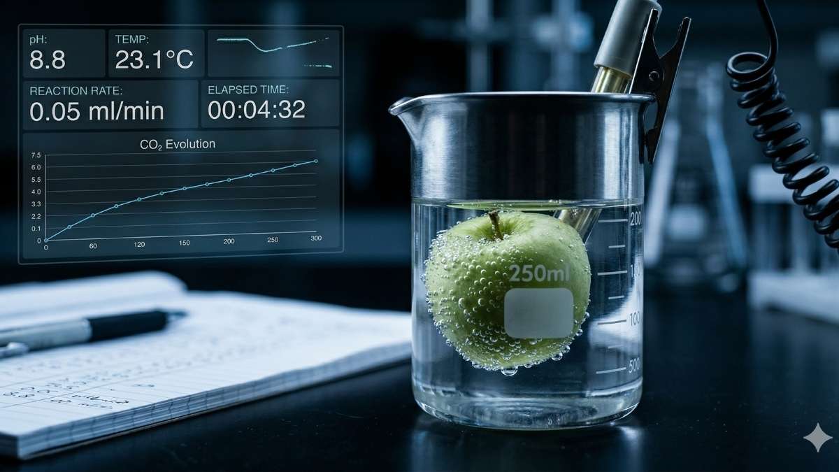 The firm is submerged in a bubbling alkaline baking soda solution inside a laboratory beaker.