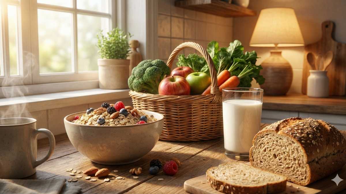 A kitchen counter covered with a variety of vibrant, whole organic food items like fresh produce, whole grain oats, and milk, representing the foundation of a healthy diet.