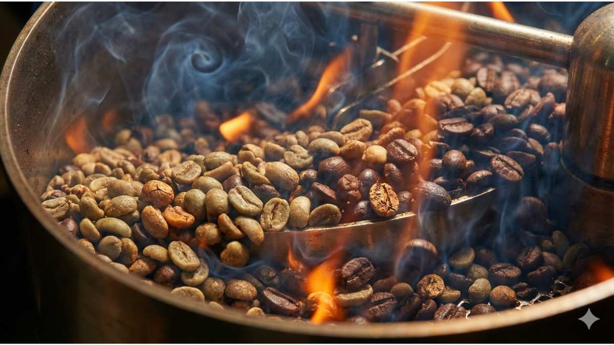 Close up of coffee beans turning brown in a roaster with visible heat waves