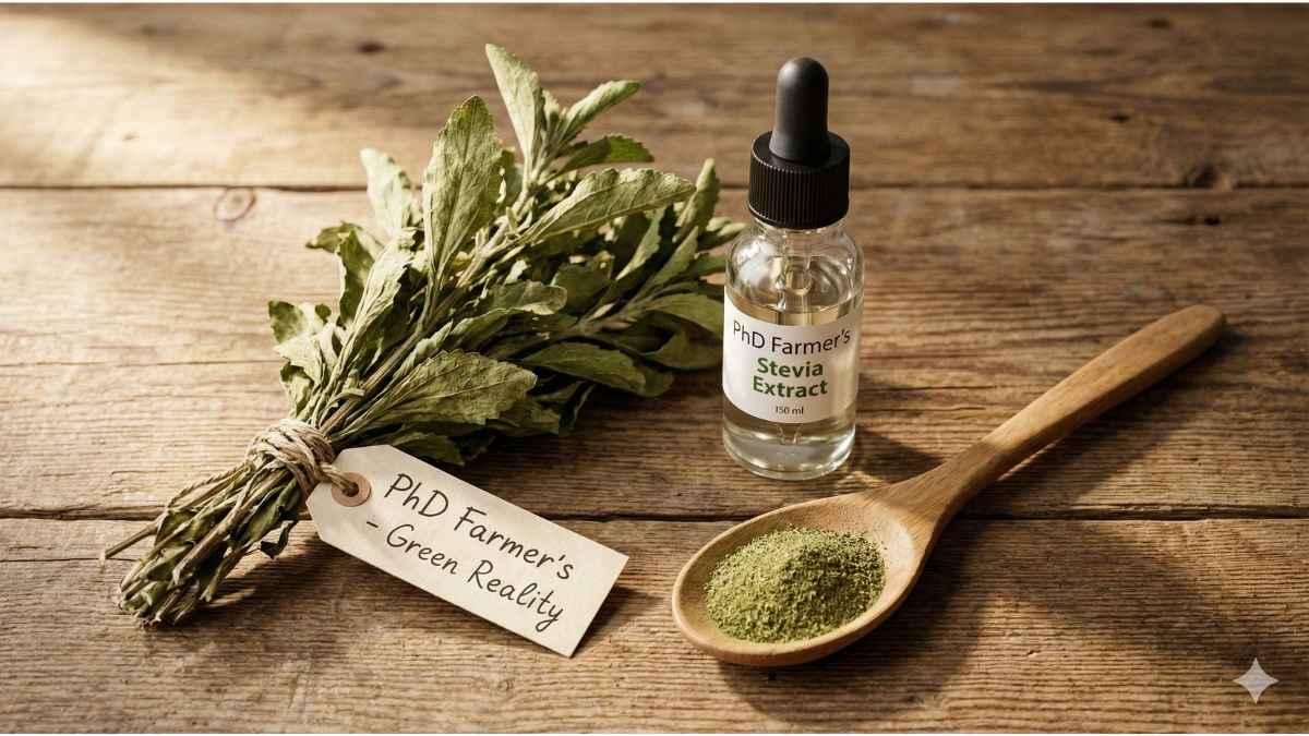 A rustic flat lay of dried stevia leaves and a homemade liquid extract jar, illustrating a practical, farmer-approved method to ensure is stevia safe for your family.