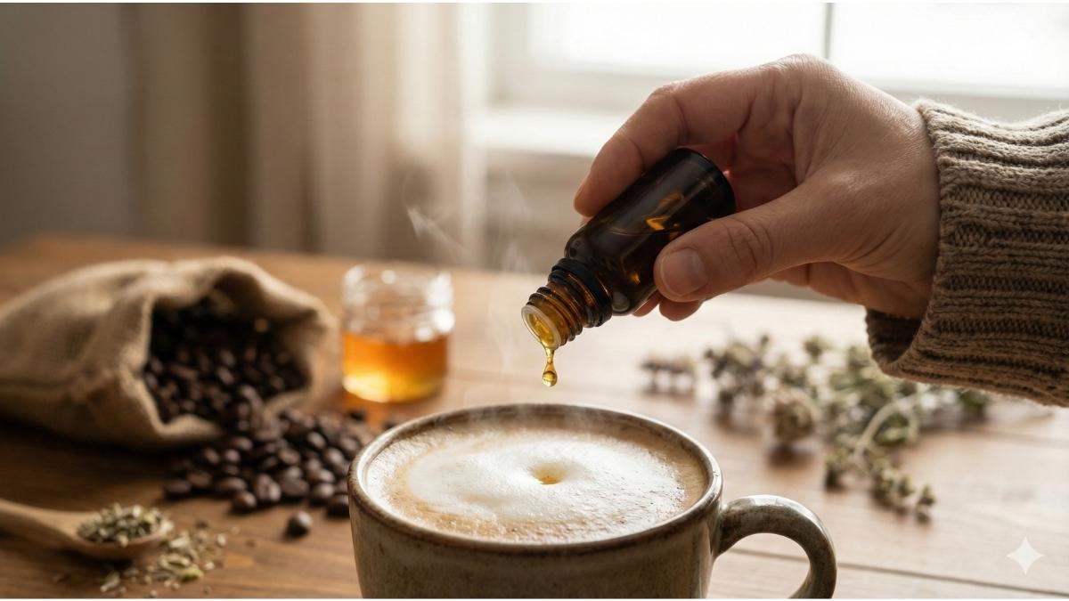 Hand dispensing liquid monk fruit sweetener drops into a hot coffee latte. Hand dispensing liquid monk fruit sweetener drops into a hot coffee latte.