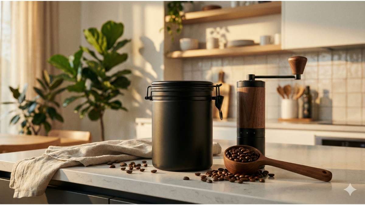 A matte black airtight coffee canister on a kitchen counter next to whole roasted coffee beans.