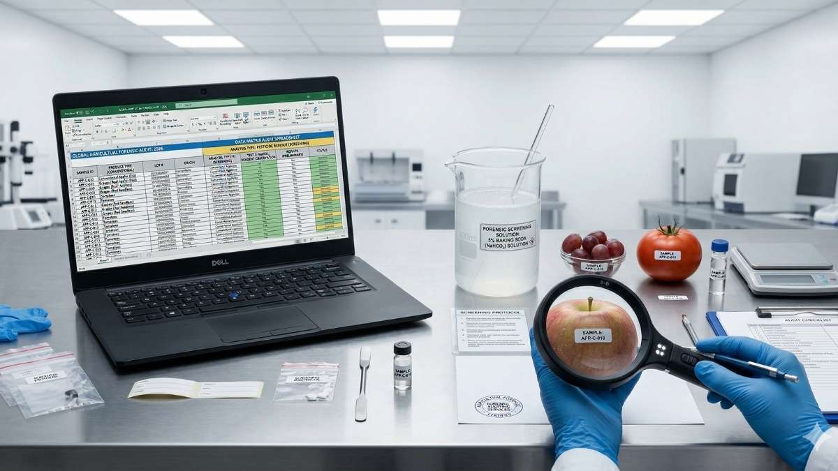 Beaker of baking soda solution next to a data matrix laptop analyzing produce