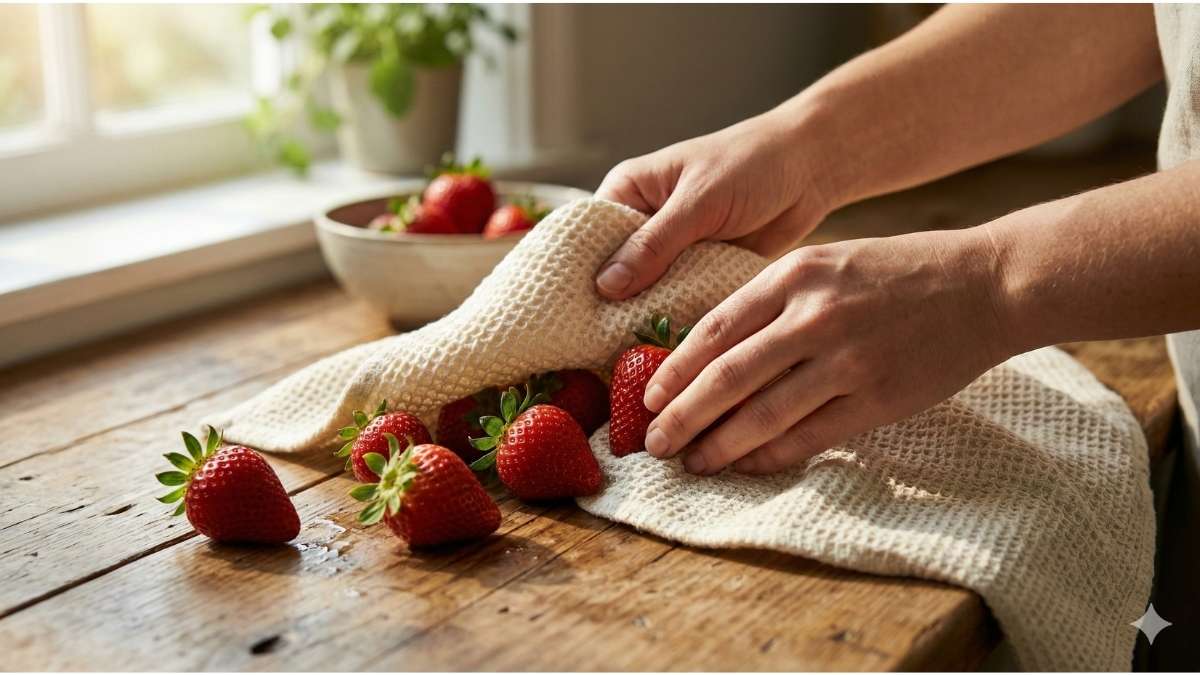 Hands gently patting fresh strawberries dry with an organic cotton kitchen towel.