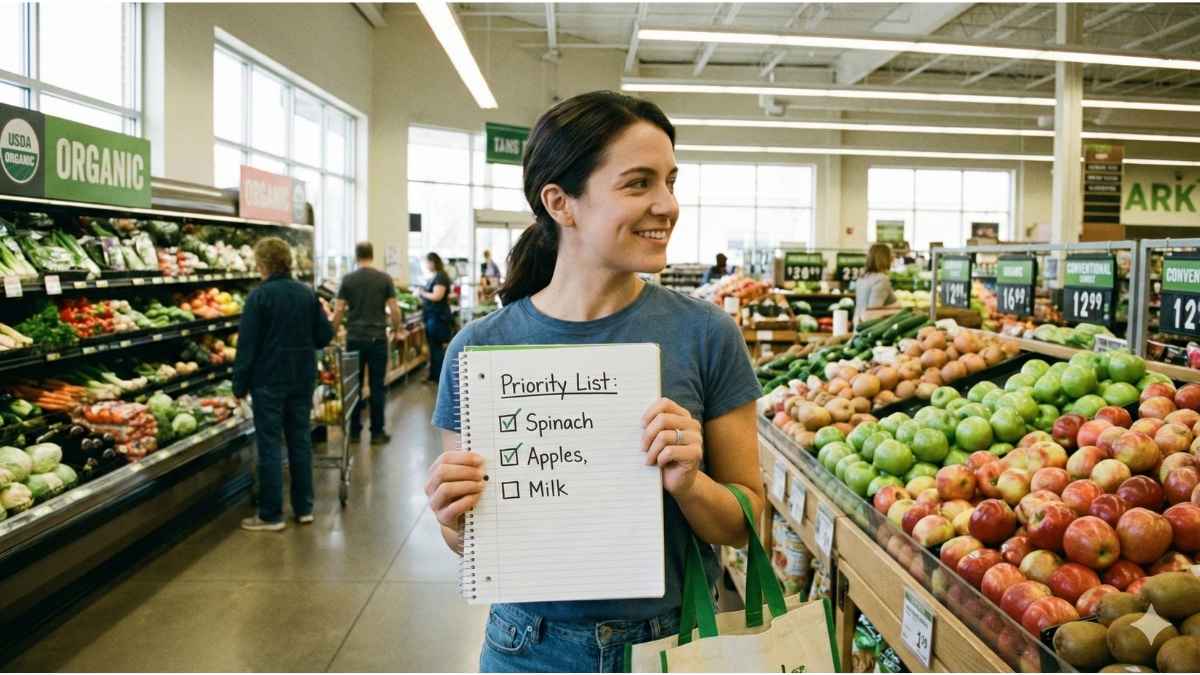 Budget-Friendly Organic Shopping: A parent following a simple priority list to wisely select high-value organic foods like thin-skinned produce.