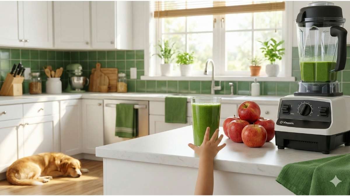 Healthy green apple moringa smoothie for kids on a kitchen counter.