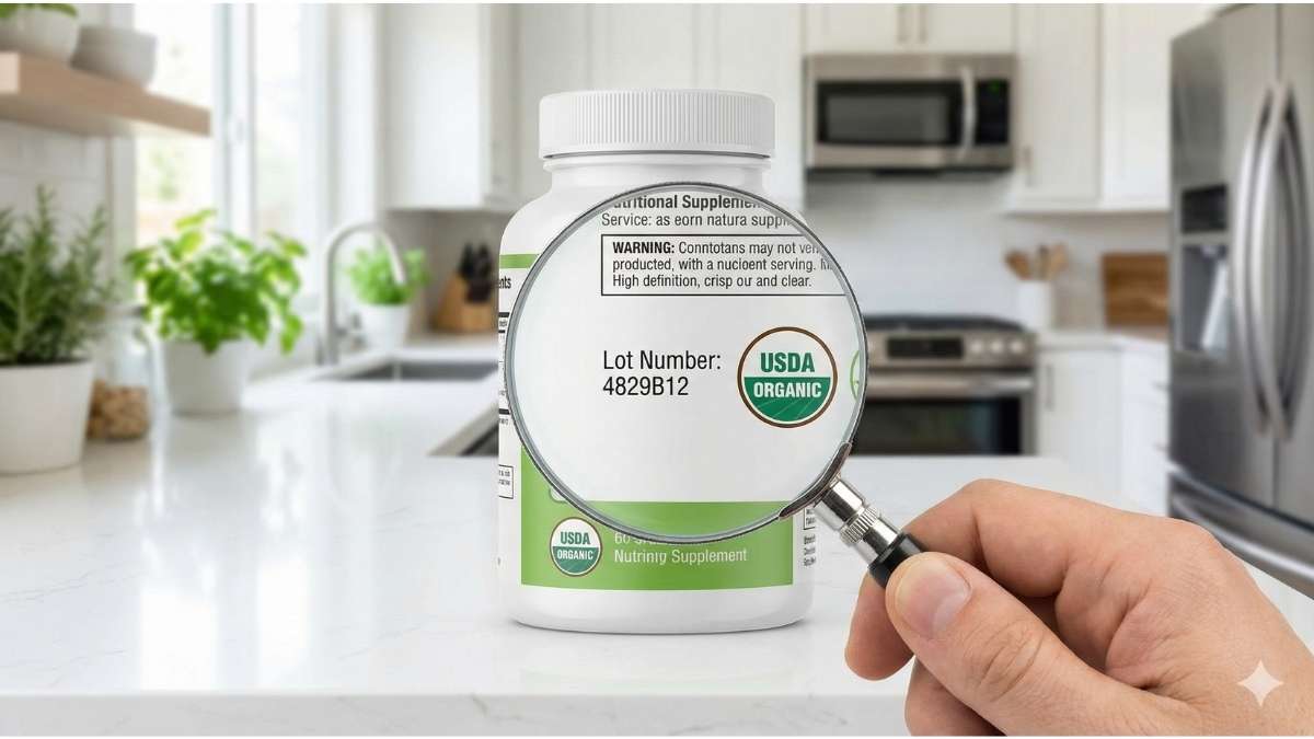 Checking supplement bottle lot number and organic seal for safety verification.