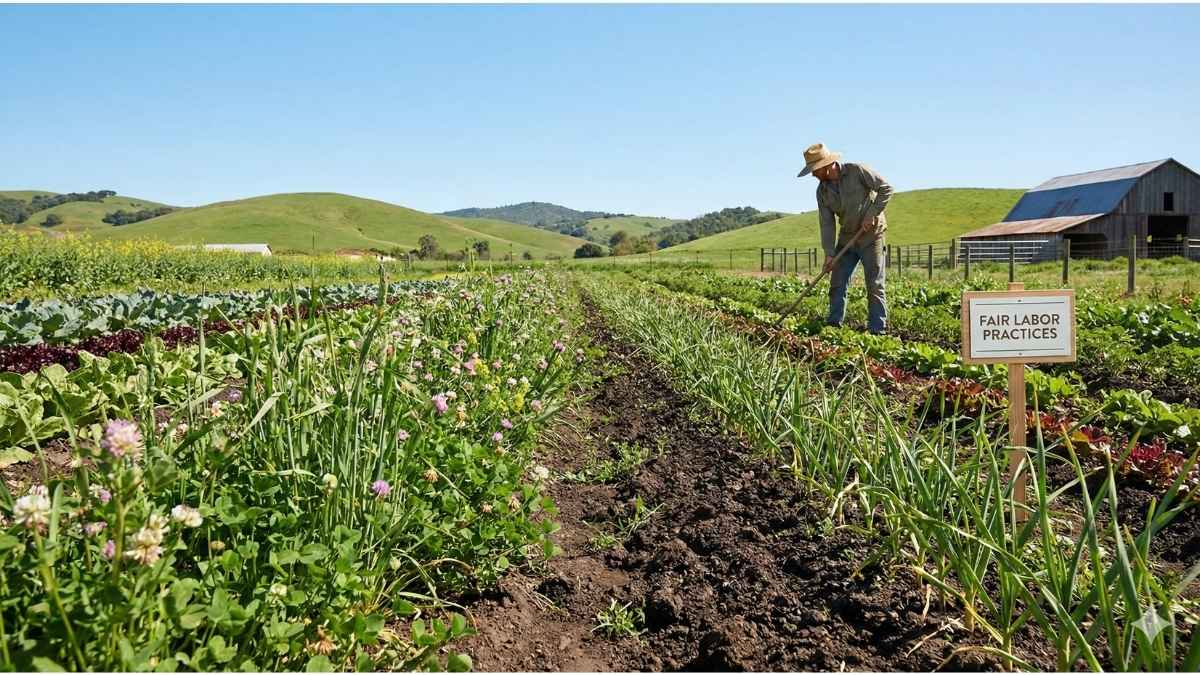 A wide panoramic view of a lush, healthy organic farm, symbolizing carbon sequestration, high biodiversity, and long-term societal sustainability.