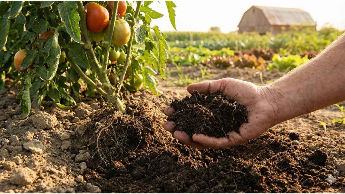 A hand holding rich, dark Soil Organic Matter (SOM) near a thriving Organic Tomato plant, illustrating the natural buffer against Cadmium and heavy metals.