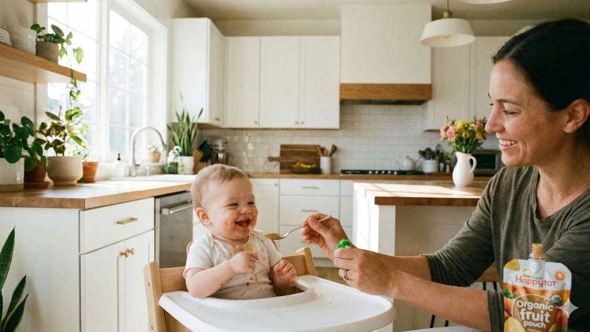 Parent squeezing baby food pouch content onto a spoon to ensure proper oral motor development.