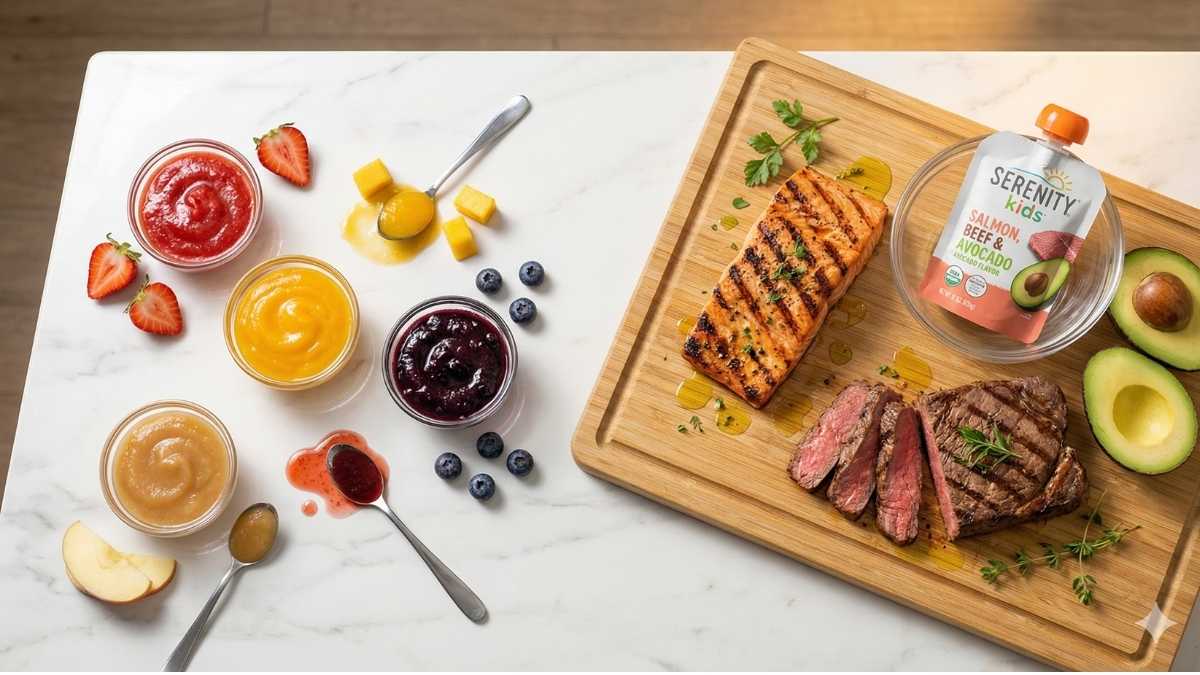 Serenity Kids savory pouches with grass-fed beef and wild-caught salmon versus sugary fruit fillers.