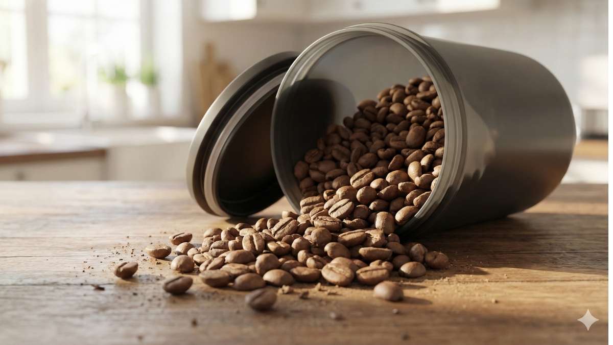 Airtight coffee canister with fresh organic beans