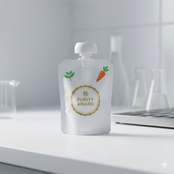 A baby food pouch with a clear "Purity Award" seal, representing verifiable third-party safety testing. A baby food pouch with a clear "Purity Award" seal, representing verifiable third-party safety testing.