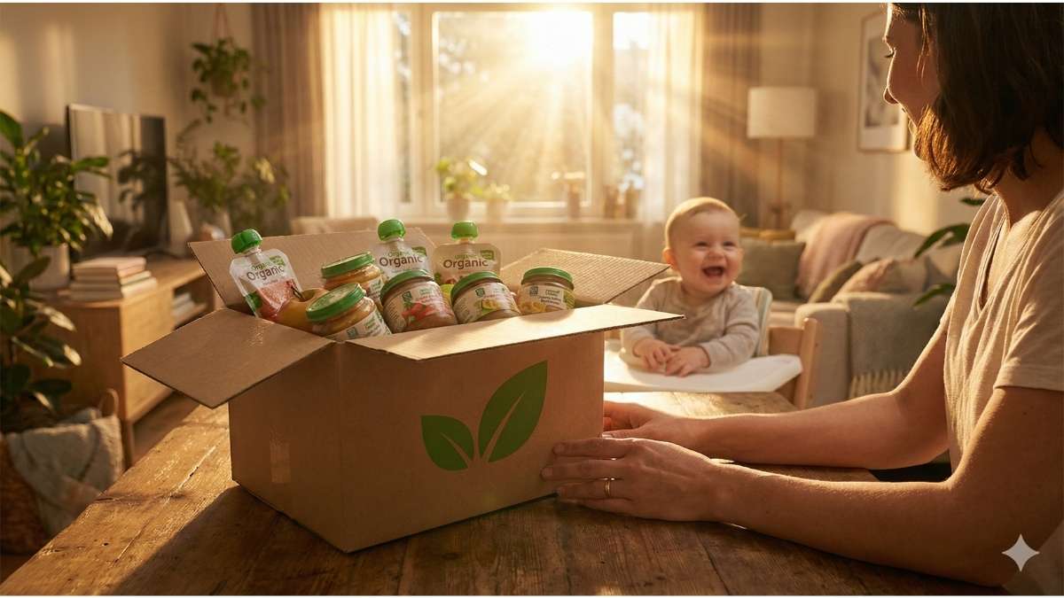 Organic baby food subscription delivery box open on table with happy baby in background