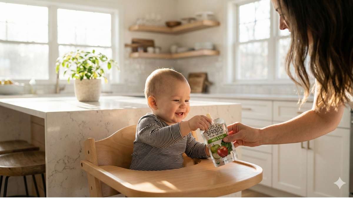 Happy baby eating from a safe organic pouch, representing the peace of mind from choosing brands like Serenity Kids or Cerebelly
