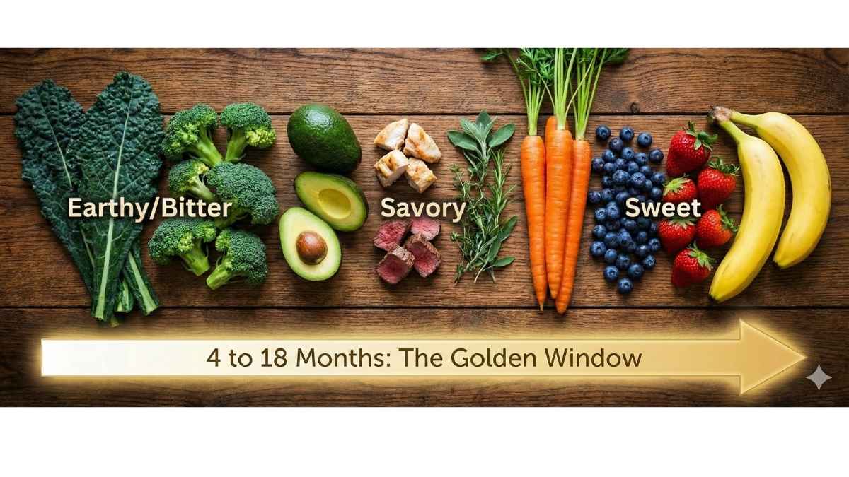 The Flavor Window timeline showing a spectrum of savory, bitter, and sweet organic foods to introduce between 4 and 18 months. The Flavor Window timeline showing a spectrum of savory, bitter, and sweet organic foods to introduce between 4 and 18 months.