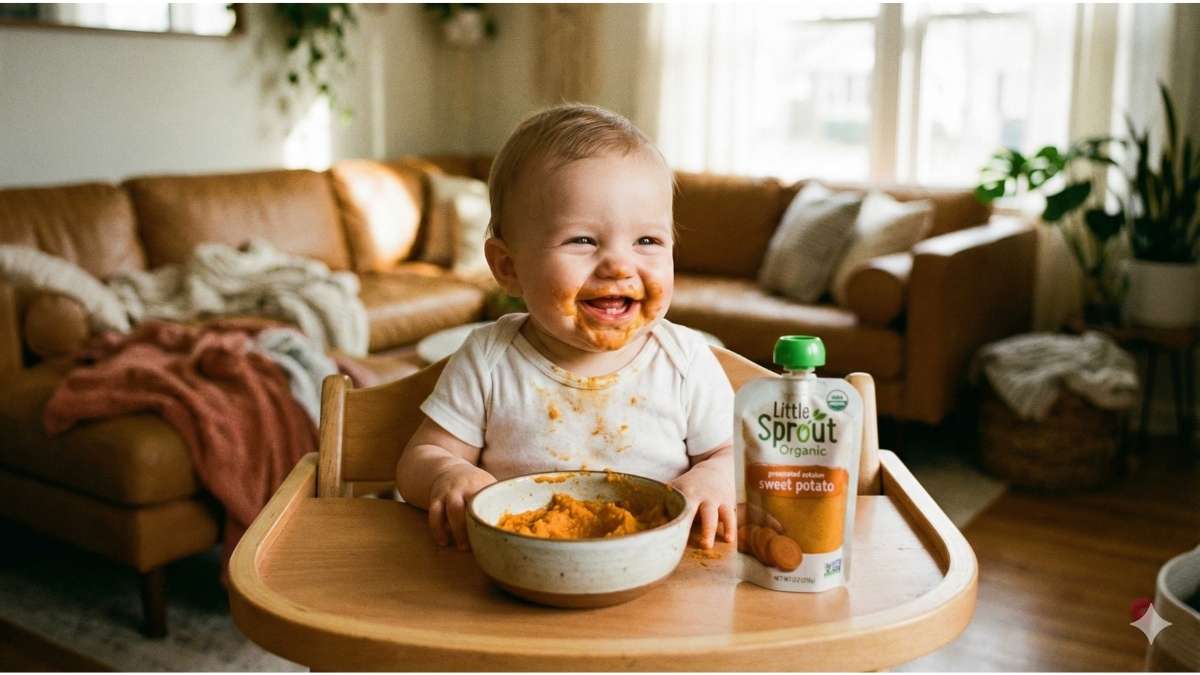 Baby high chair with both homemade mash and an organic food pouch