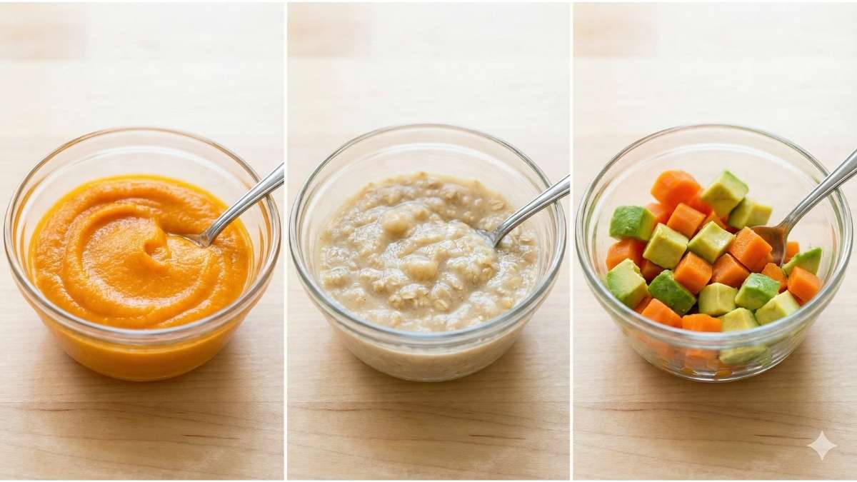 Comparison of organic baby food textures: Stage 1 smooth puree, Stage 2 thick mash, and Stage 3 soft chunks for self-feeding.