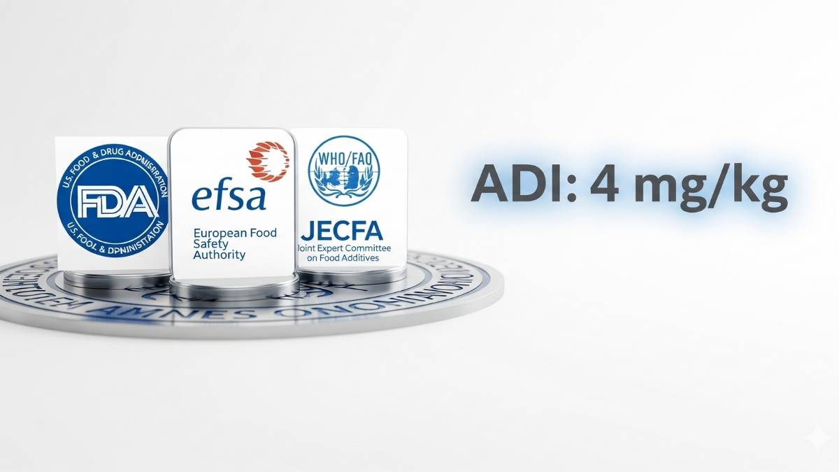 Regulatory consensus: logos of FDA, EFSA, and JECFA confirming the 4 mg/kg ADI for ultimate stevia safety.