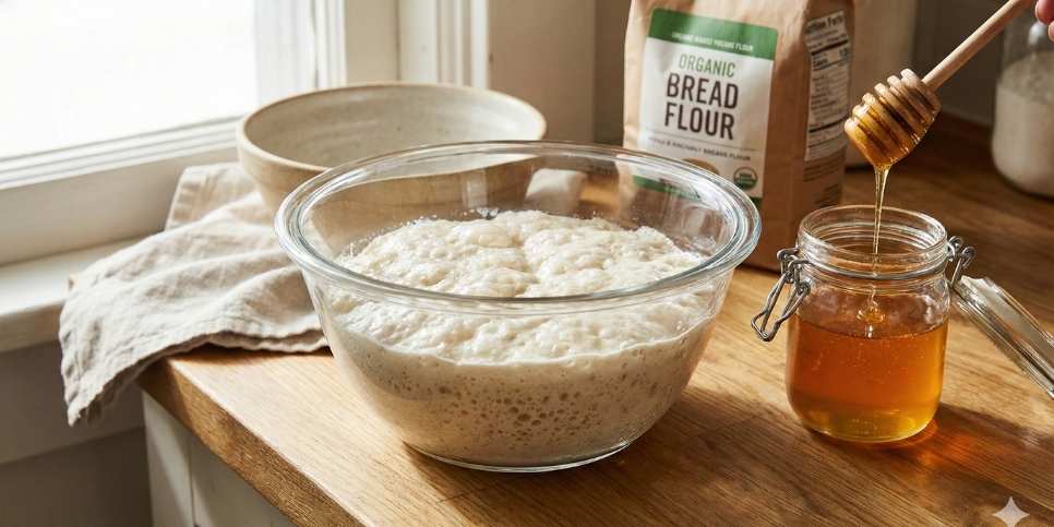 Activating yeast with honey for organic baking with stevia bread recipes.