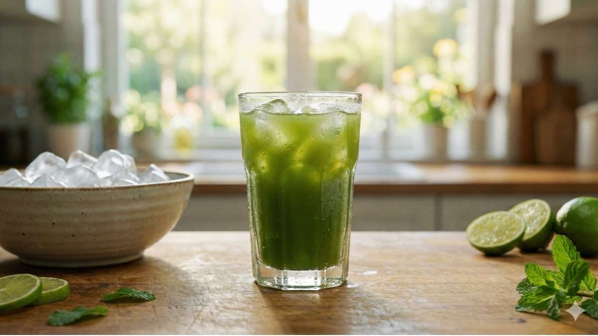 Chilled glass of moringa juice with ice to mask medicinal flavor