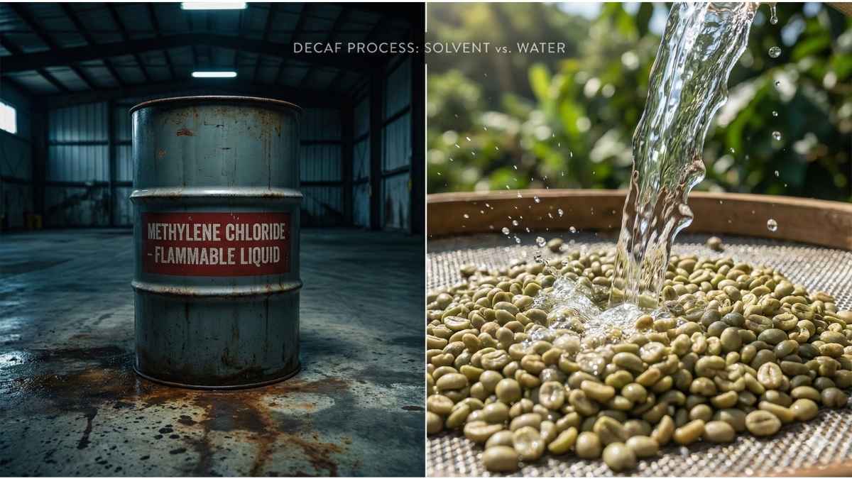 Split screen: Chemical lab beaker with warning label vs Clear fresh water washing coffee beans