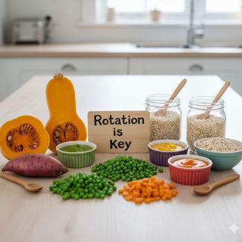 Variety of colorful, organic foods like squash, oats, and peas, demonstrating smart food rotation for the best organic baby food diet. Variety of colorful, organic foods like squash, oats, and peas, demonstrating smart food rotation for the best organic baby food diet.