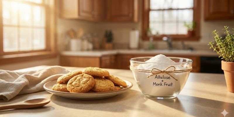 Golden brown keto cookies baked with a monk fruit and allulose blend, showcasing perfect texture. Golden brown keto cookies baked with a monk fruit and allulose blend, showcasing perfect texture.