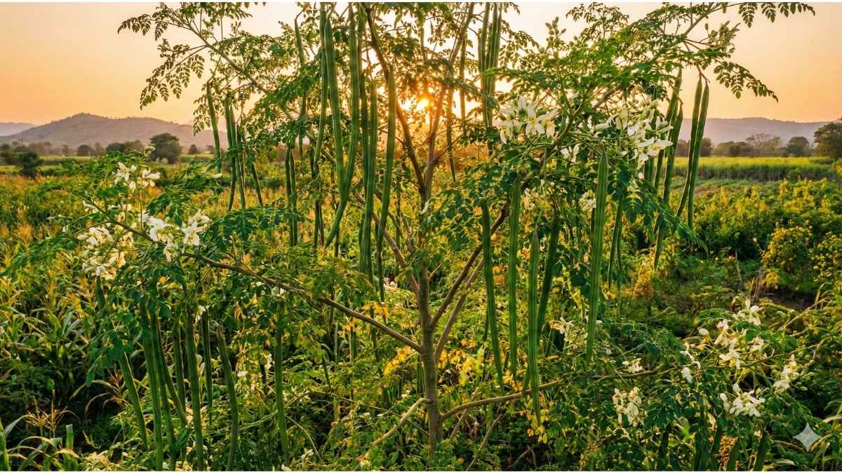 High yield PKM1 Moringa tree with abundant drumstick pods.