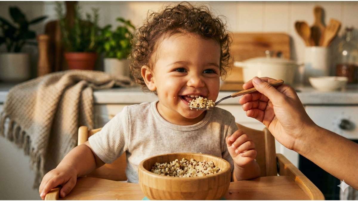 Happy toddler eating safe low-arsenic grains in a sunny kitchen.