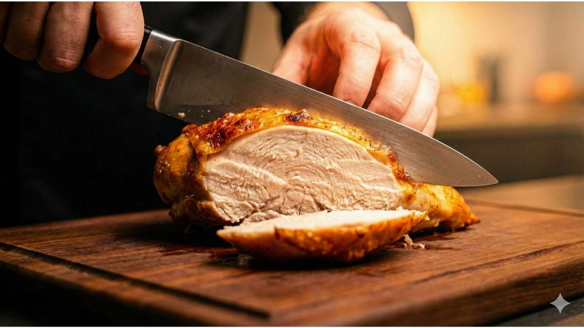 Chef slicing a firm, golden-brown Air-Chilled organic roasted chicken, emphasizing the concentrated flavor, denser texture, and superior crust achieved through the cold air cooling process.