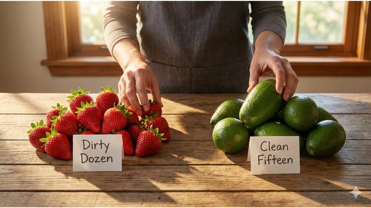 A family sorting high-risk produce to reduce exposure to pesticides in food using the Dirty Dozen list. A family sorting high-risk produce to reduce exposure to pesticides in food using the Dirty Dozen list.