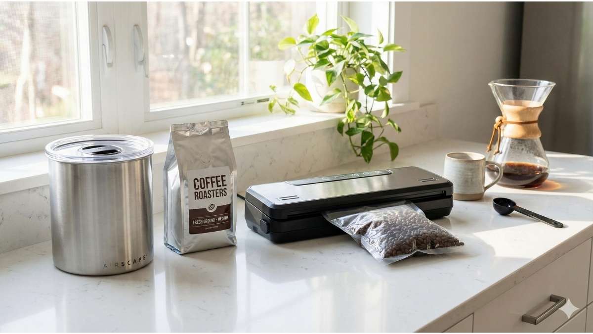 Kitchen counter with Airscape, ground coffee bag, and vacuum sealer