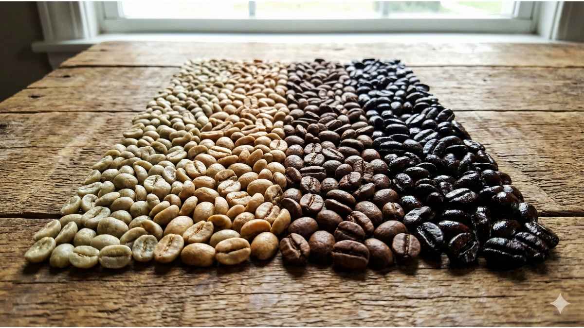 Comparison of light, medium, and dark roast coffee beans showing color and oil differences.