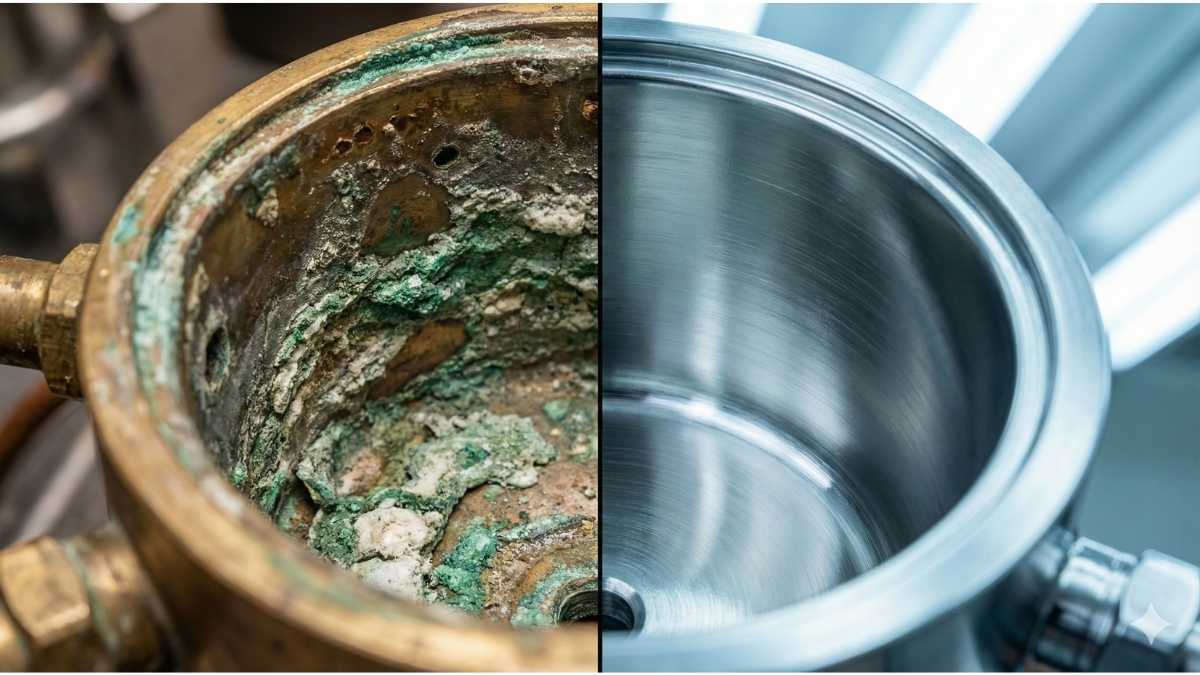 Microscopic view of a plastic coffee pod showing fractures and shedding particles into liquid.