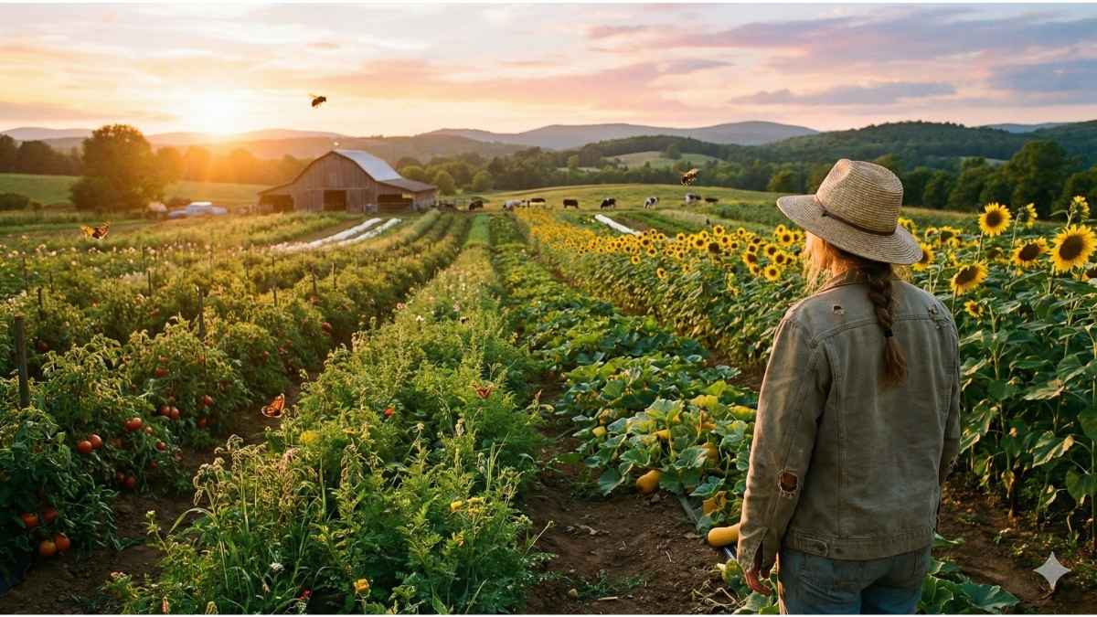 Holistic organic farming system demonstrating reliance on natural processes and genetic diversity, rejecting technological methods like CRISPR Organic Food.