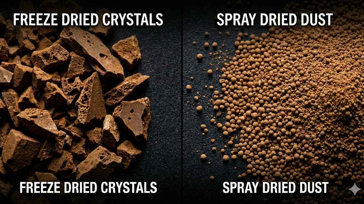 Macro comparison of freeze-dried coffee crystals vs spray-dried dust