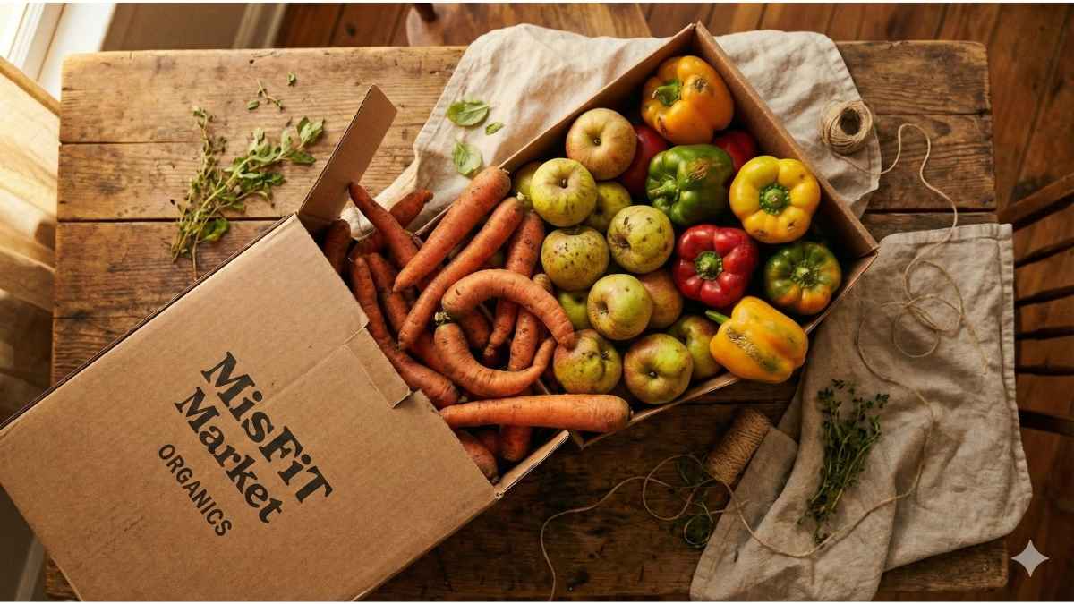 Box of fresh organic misfit produce from best organic food delivery services showing affordable options for the 2025 dirty dozen list.