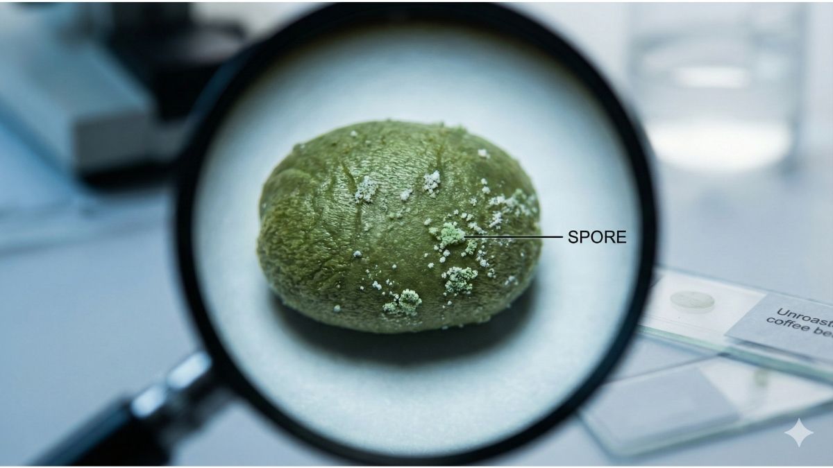 A microscopic view of a coffee bean showing harmless fungal spores.