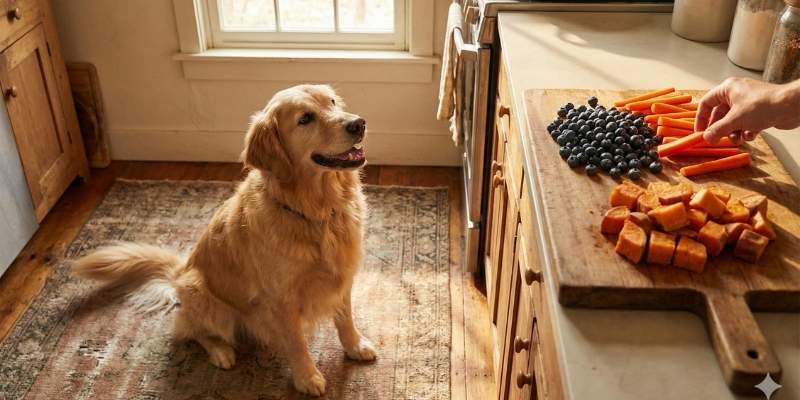 Happy dog waiting for natural organic treats like blueberries and carrots on a kitchen counter.