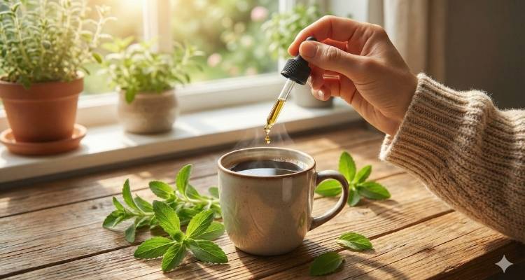 Using organic liquid stevia drops for a healthy, filler-free coffee.