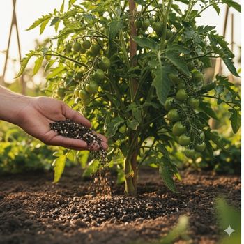 Applying organic garden plant food to a growing tomato plant to prevent blossom end rot.