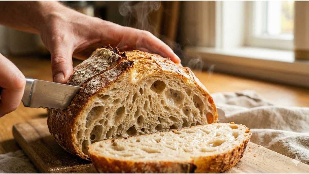 Slicing fresh sourdough (Levain) bread to show fermentation bubbles that degrade glyphosate.