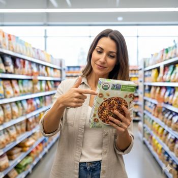 A consumer confidently reading food labels with USDA Organic and Non-GMO Project seals to ensure purity and understand if organic food is non GMO.