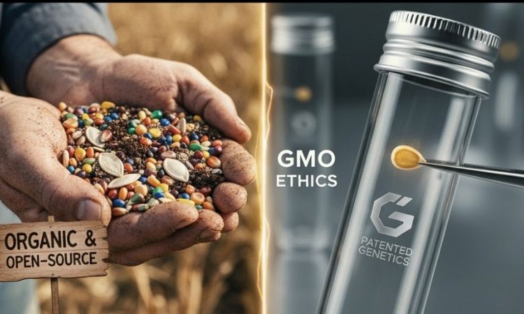 Ethical and economic comparison of GMO vs Organic Food systems showing patented corporate seeds versus diverse, open-source organic seeds.