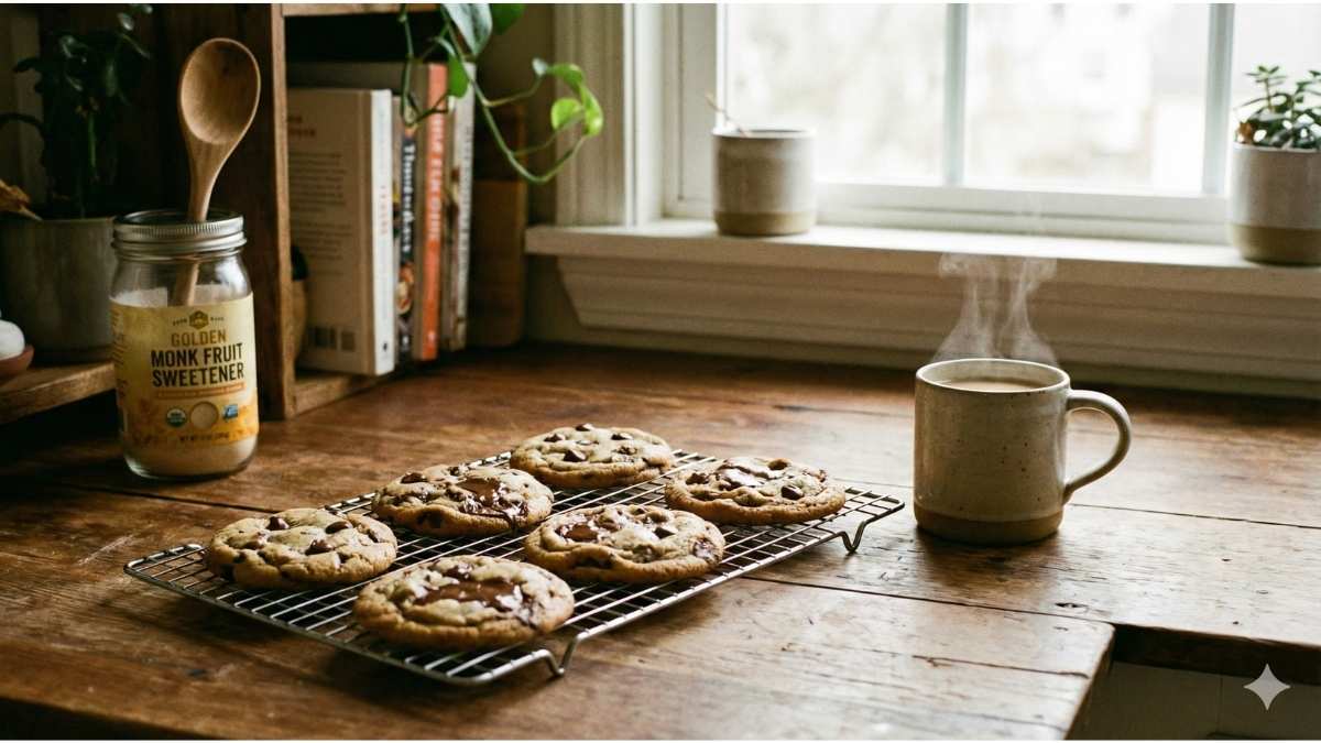 Soft baked cookies made with heart-safe monk fruit brown sugar substitute and allulose. Soft baked cookies made with heart-safe monk fruit brown sugar substitute and allulose.